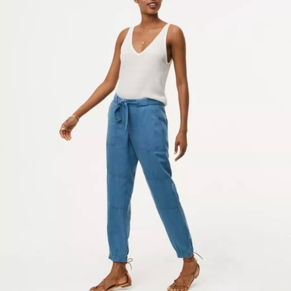 Ann Taylor LOFT Tie Waist Cargo Pants boho Cerulean blue
